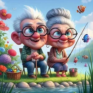 Grandpa & Grandma Fishing Pattern DIY Diamond Arts Colorful Painting Kit without Frame, DIY 5D Diamond Arts Colorful Painting Kit for Home Decor