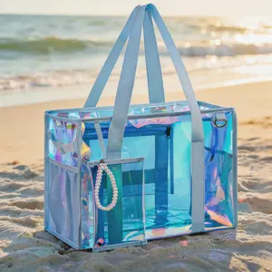 Iridescent Clear Beach Bags Waterproof Sandproof for Women, Large Jelly Tote Zipper Pool Bag Cruise Essentials 2026