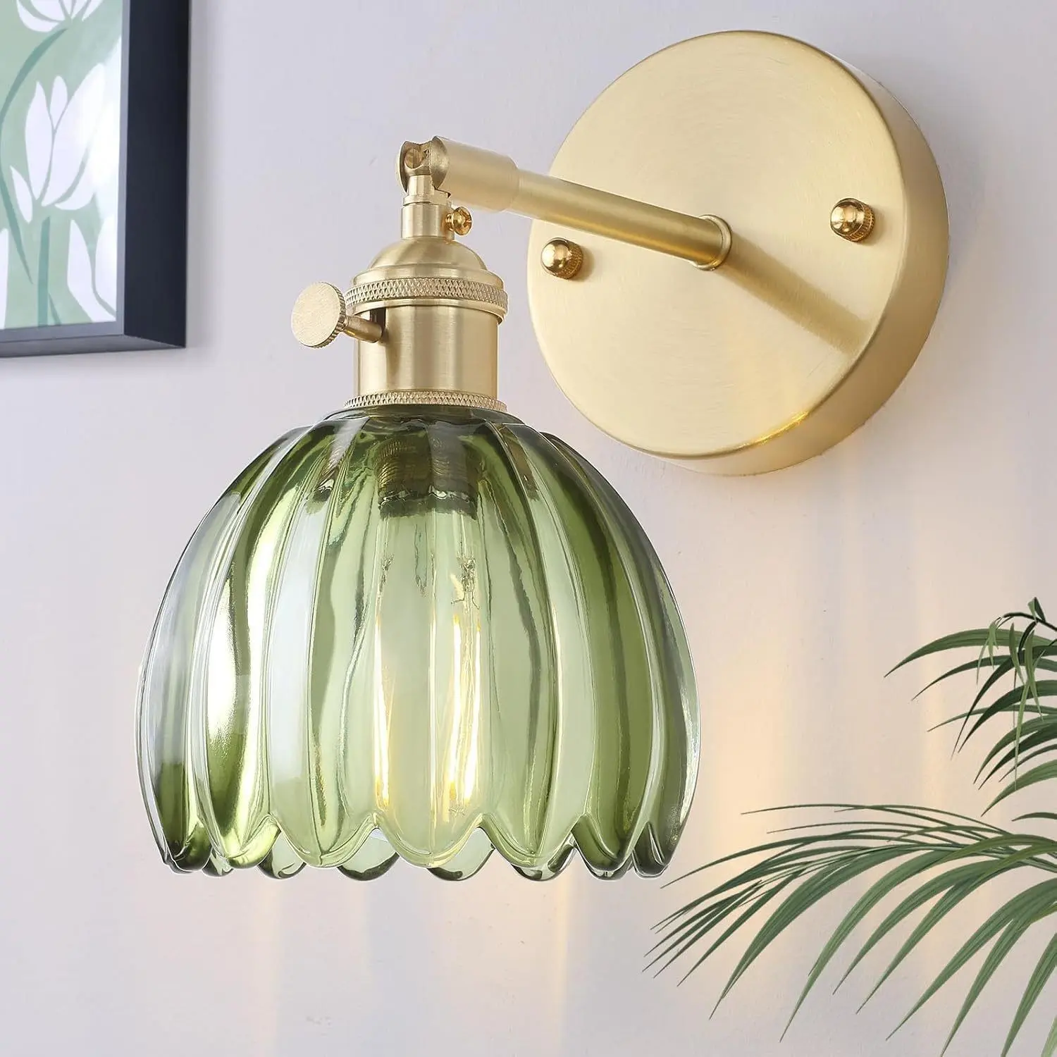 LED Rechargeable Decorative Wall Lamp, Vintage Copper Body, Thick Glass Shade, RGB Bulb with Remote Control, Dimmable Lamps, Bedroom Bedside, Study, Hallway Decor, Wall Decor Lighting, Flower Design Lamp, Indoor Wall Light, Led Decoration Lamp