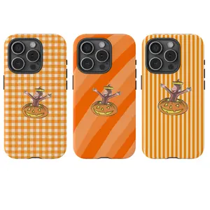 Halloween Pumpkin Tough Phone Case, Curious Georgeee Cute Cartoon Monkey Design with Orange Striped & Checkered Pattern Protective Cover, Gift, spooky season