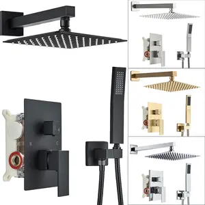 Black Shower Faucet Set Square Rainfall Shower Head and Handle Set Wall Mounted Shower Fixtures Bathroom Shower System Combo With Shower Valve