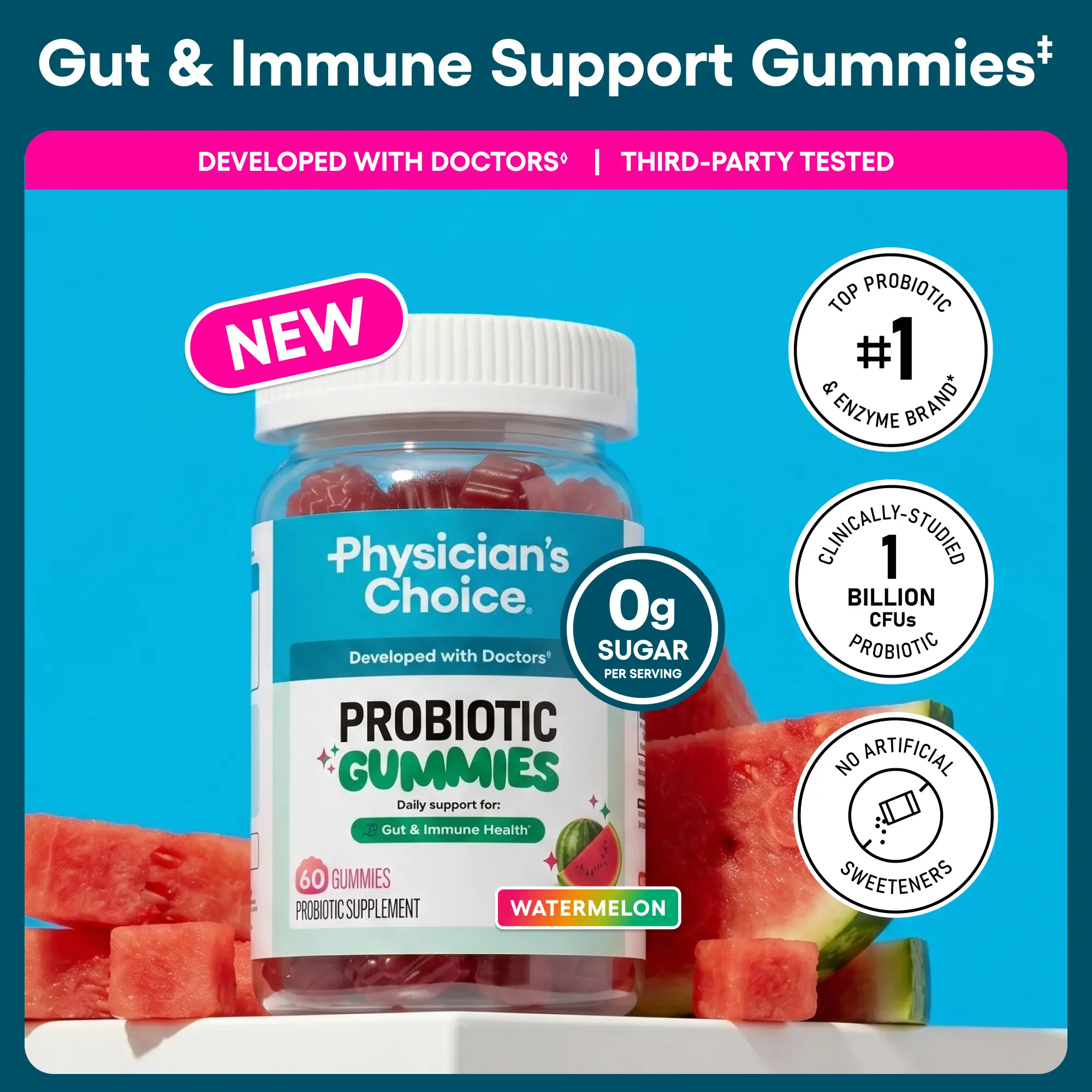 Physician's Choice Probiotic Gummies for Gut & Immune Health - with Vitamin D & Prebiotics - Sugar Free - Watermelon Flavor - Daily Gummy for Adults Physician's Choice Probiotic Gummies for Gut & Immune Health - with Vitamin D & Prebiotics - Sugar Free - Watermelon Flavor - Daily Gummy for Adults