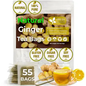 FreshDrinkUS, Premium 55 Ginger Tea Bags, 100% Natural & Pure from Ginger. Ginger Herbal Tea. Ginger Tea. No Sugar, No Caffeine, No Gluten, Vegan.