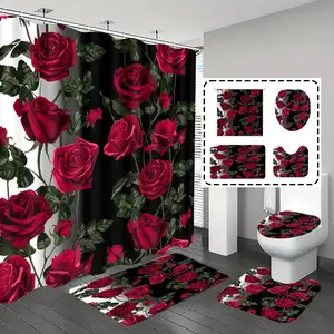 [Popular Choice]1pc/4pcs, bathroom curtains shower, bathroom set, shower curtains, bathroom rug, home decoration, bathroom mat, rose pattern, romantic theme decoration, bathroom set, with 12 hooks, Bathroom Supplies, Shower Curtain Sets