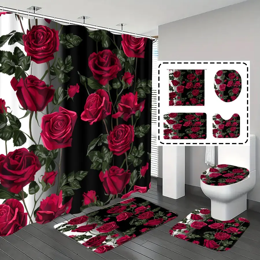 1pc/4pcs, shower curtains, Floral Shower Curtains For Bathroom, bathroom set, bathroom rug, home decoration, bathroom mat, rose pattern, romantic decoration, with 12 hooks, Bathroom Supplies, Shower Curtain Sets