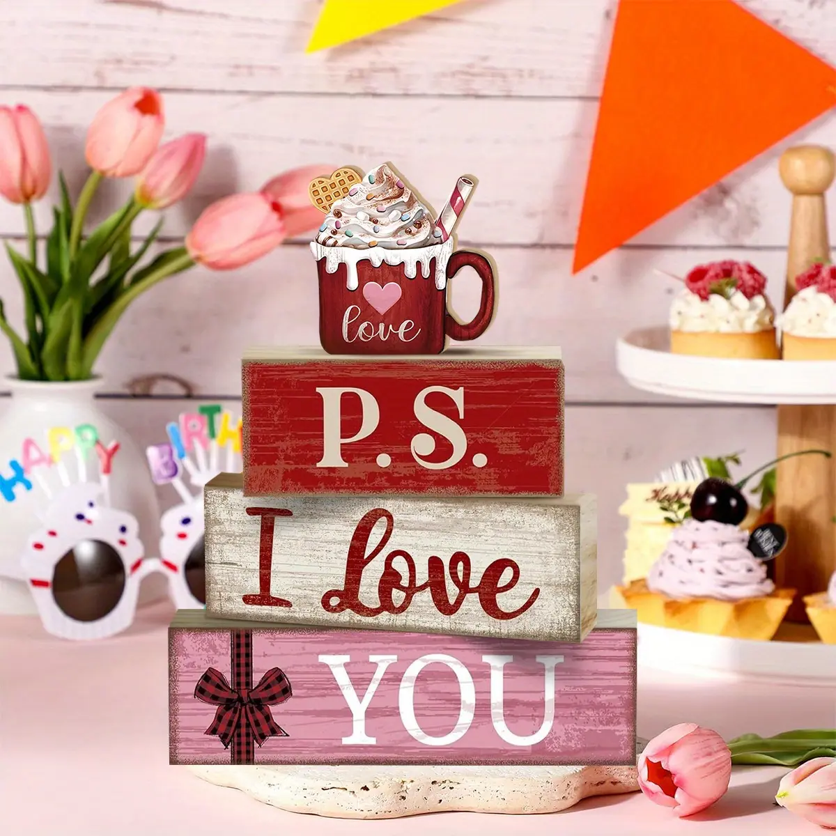 4 Pcs Valentine's Day Table Centerpiece Decor, Wooden 'I Love You' Tiered Tray Decor, Rustic Valentine's Day Wooden, Block Sign, Pink Ice Cream, Centerpiece Farmhouse Holiday Table Decoration for Kitchen, Christmas Table Decor, Ornaments Decor