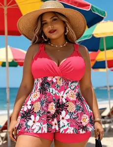 Plus Size Bathing Suit for Women, Two-Piece Tropical Print Tankini Set for Plus Sizes Featuring a Cross-Front Chest Design, Chic, Straightforward, Fashionable, And Modern for Women