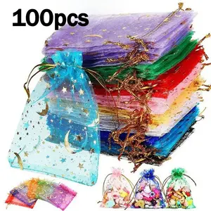 100pcs Random Color Gold Foil Star Moon Drawstring Sacks, Jewelry Bags, Gift Packaging Bags, Candy Bags, Party Favor Bags, Gift Wrap