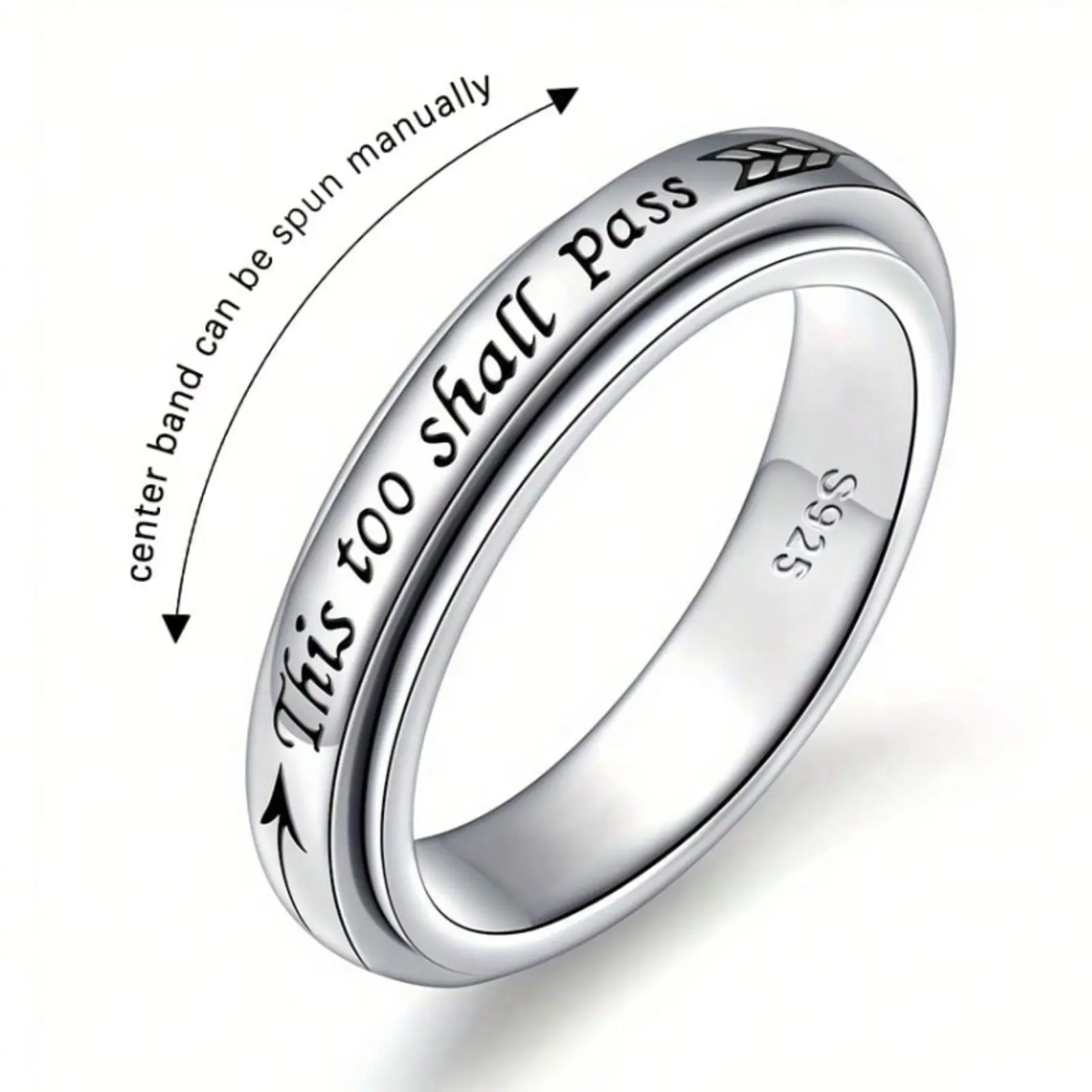 Sterling Silver 925 Rotating Ring - "This Too Shall Pass" Quote, Adjustable US Size 6-10, Classic Bohemian Style for Men and Women