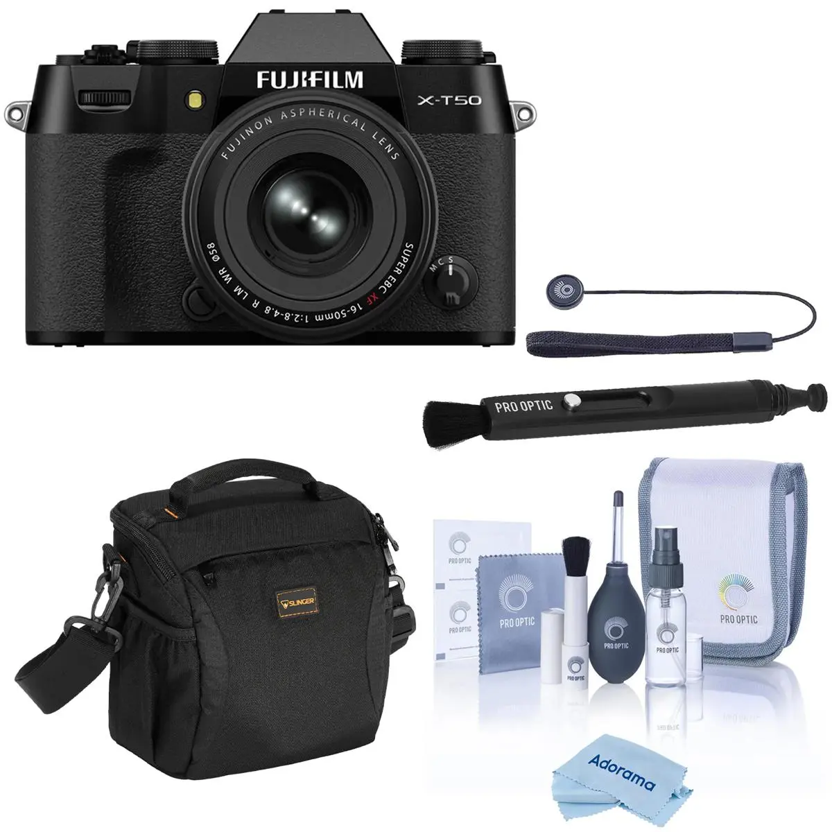 Fujifilm X-T50 Mirrorless Camera with XF 16-50mm f/2.8-4.8 R LM WR Lens with Universal Lens Cap Tether, Complete Optics Care and Cleaning Kit, Microfiber Cleaning Cloth, Small, 5.8x5.8, Lens Pen Lens