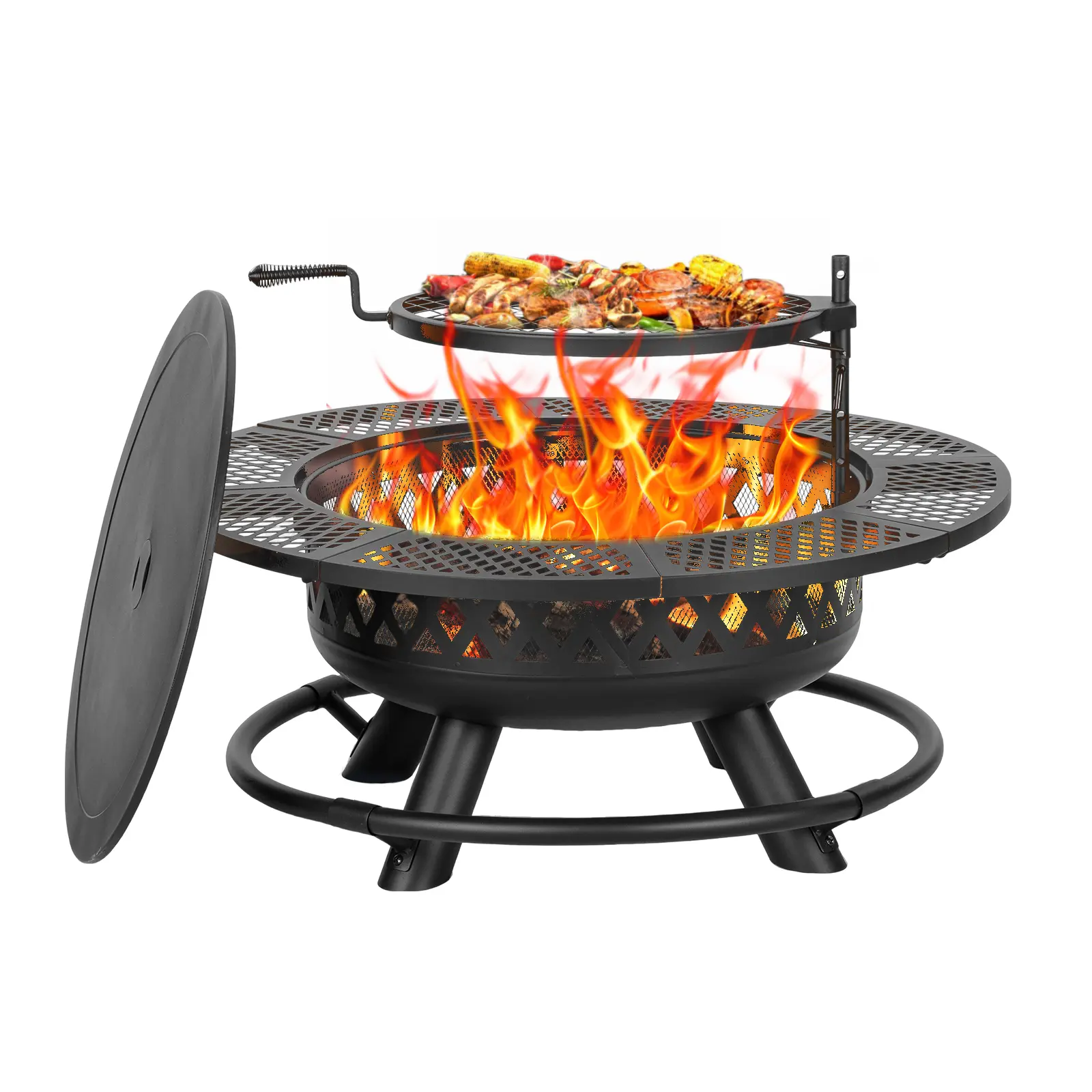 Outvue 36-Inch 3-in-1 Wood Burning Outdoor Fire Pit, Modern Sturdy BBQ Grill with Lid and Fire Poker for Patio, Camping, Wood Burning Firepit