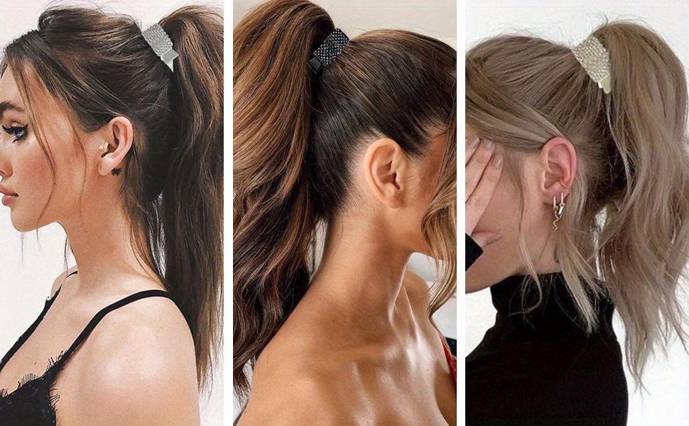 Set of 3 Small Hair Claw Clips 1.77 Inches, Rhinestone Shark Design for High Ponytails, Perfect for Women with Thick Long Hair