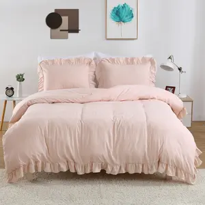 Ruffled Duvet Cover Set Queen Size, 3PCS Soft Washed Microfiber Duvet Cover & Pillow with Button Closure, Vintage French Country Duvet Cover Set, 90"x90"+2pcs20*26"