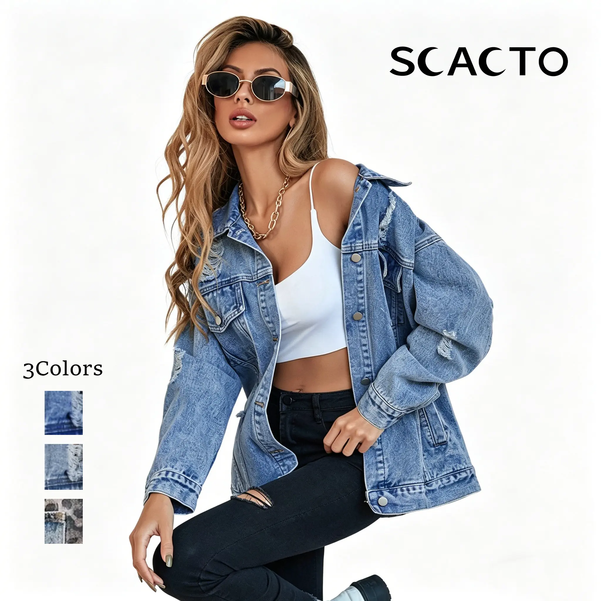 Scacto Women's Baggy Ripped Boyfriend Cotton Denim Jacket, Casual Long Sleeve with Pockets and a Frayed Tassel Hem, Fabric, Everyday, Button