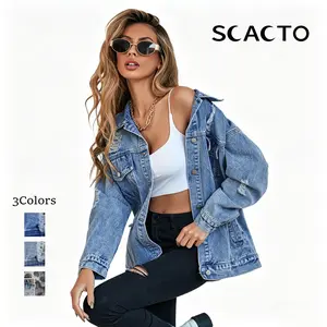 Scacto Women's Long Sleeve Oversized Boyfriend Denim Jacket - Ripped, Distressed, Button-Front, Fitted Comfortable Fabric, Collar, Tassel, Basic Style Lady Outerwear for Casual Everyday Wear