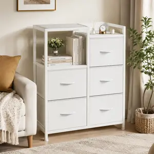 Sweetcrispy 5-Drawer Fabric Dresser with 2-Tier Shelf – Modern Storage Cabinet for Bedroom, Hallway, or Living Room – White Clothes Organizer