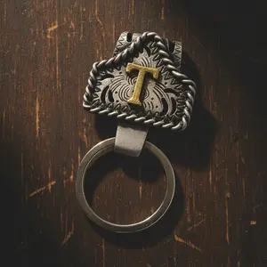 Handmade Cow Tag Belt Key Holder with Copper Initial – Custom Western Keychain for Men & Women, Texas-Inspired Cowboy Keychain, Fashion Accessory for Bags, Keys & Gifts