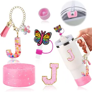 for Stanley Cup Accessories Set 6 PCS, Pink Glitter Letter Theme with Keychain, Butterfly Straw Topper, Silicone Boot, Patch & Cup Decor Kit,Water Bottle Carrier Set (Tumbler Not Included)