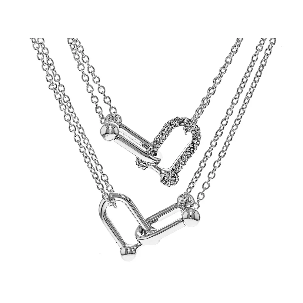 Elegant Statement Necklace for Adults, Silver Tone Multi-Row Stirrup Link Cable Chain with White Crystals, Lobster Claw Closure, Female, Divine Feminine, Special Events, 0.55 Inches, 18.0"L, 20.0"L