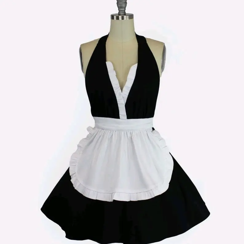 Black and White Sweet French Maid Hostess Vintage Inspired Retro Gift For Her Apron