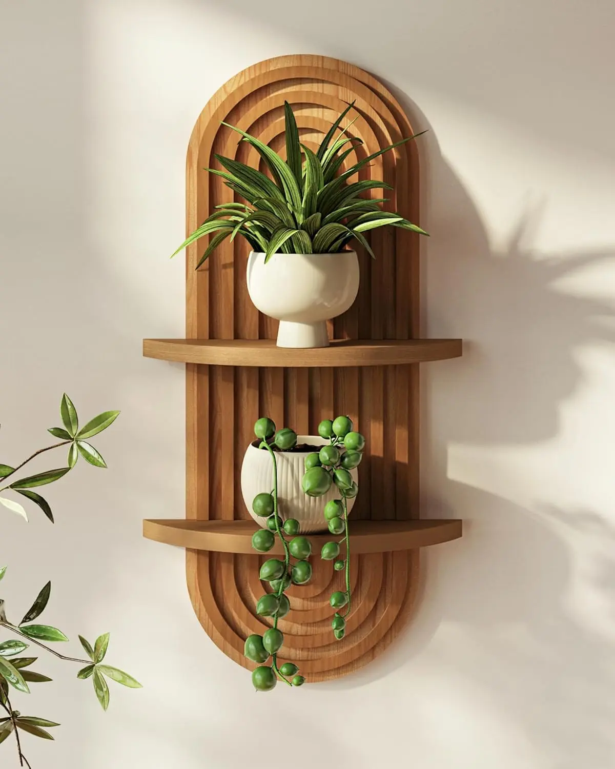 Bamworld 2-Shelf Woody Wall-Mount Hanging Shelf - Decorative Nature-Inspired Organizer for Indoor Garden Plants, Baskets, Christmas Holiday Gift for Plant Lovers