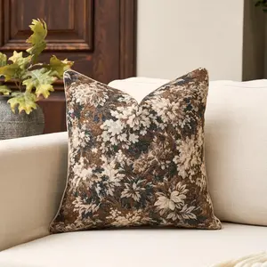 Neutral Floral Pillow Cover 18 x18 Inches,  Chenille Square Throw Pillow Cover Soft Decorative Farmhouse Accent Couch Pillow Cover for Living Room Bedroom, Coffee Brown