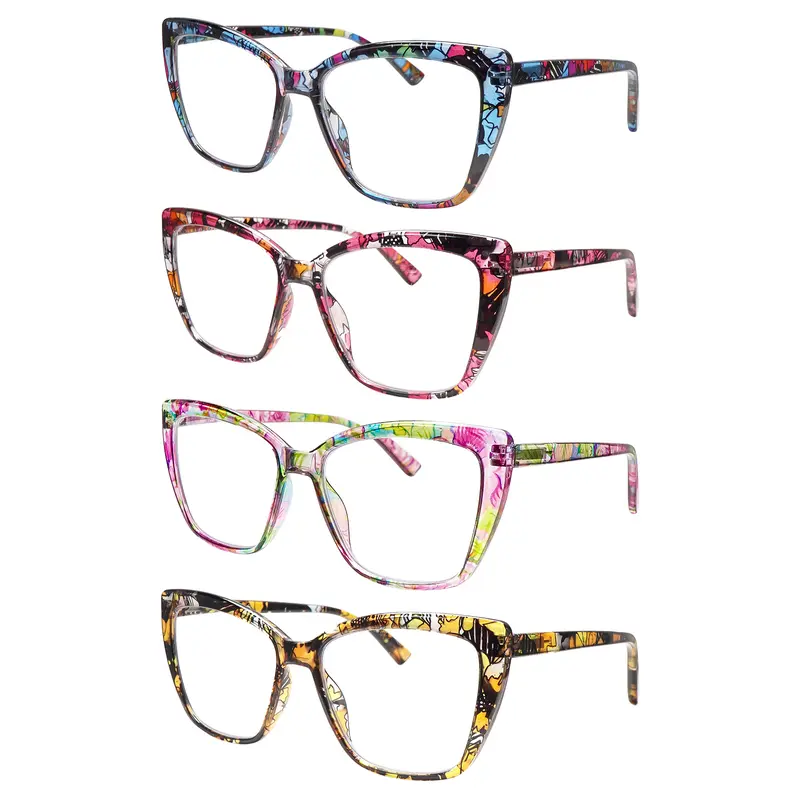 4-Pack Unisex Multiple Mix Color Comic-Style Oversized Presbyopia Reading Eyeglasses - Blue Light Blocking Lenses, Sturdy Spring Metal Hinges, Flexible Material, Eye Strain Relief, Quality Eyeglasses, Fits Most Face Shapes, Ideal Holiday/Birthday Gift