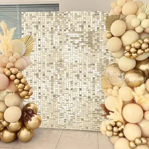 Shimmer Wall Backdrop Sequin Backdrop Light Gold Background Glitter Backdrop Drapes Curtain Panel for Wedding Photo Booth Birthday Baby Shower Party Holiday Decoration Pack of 12 Easy-to-Install Sequin Panels 12x12 inch Banners Ornaments