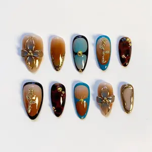 Fall Nails - Amber Flower Press on nails long almond nails - 3D Gold Chrome Nails - Star Nails - Brown Nails - Tortoise Shell nails - Blue nails Brown