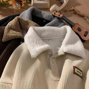 2026 New Corduroy Polo collar sweater couple autumn and winter style plus velvet thickened simple fashion lamb wool coat Comfort Long Sleeve old money style