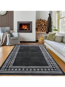 Black-9*12 feet  Contemporary Machine Washable Area Rug Modern Geometric Floor Cover Non Slip Stylish  Bordered Accent Carpet Stain Resistant Low Pile Ultra Thin Pet Friendly Foldable Soft Indoor Mat For Kitchen Laundry Bedroom Livingroom