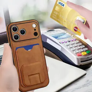 Invisible Foldable Stand Leather Card Slot Phone Case For iPhone17promax/16promax/15pro/14/13 Business Solid Color Full Shockproof Protective Cover
