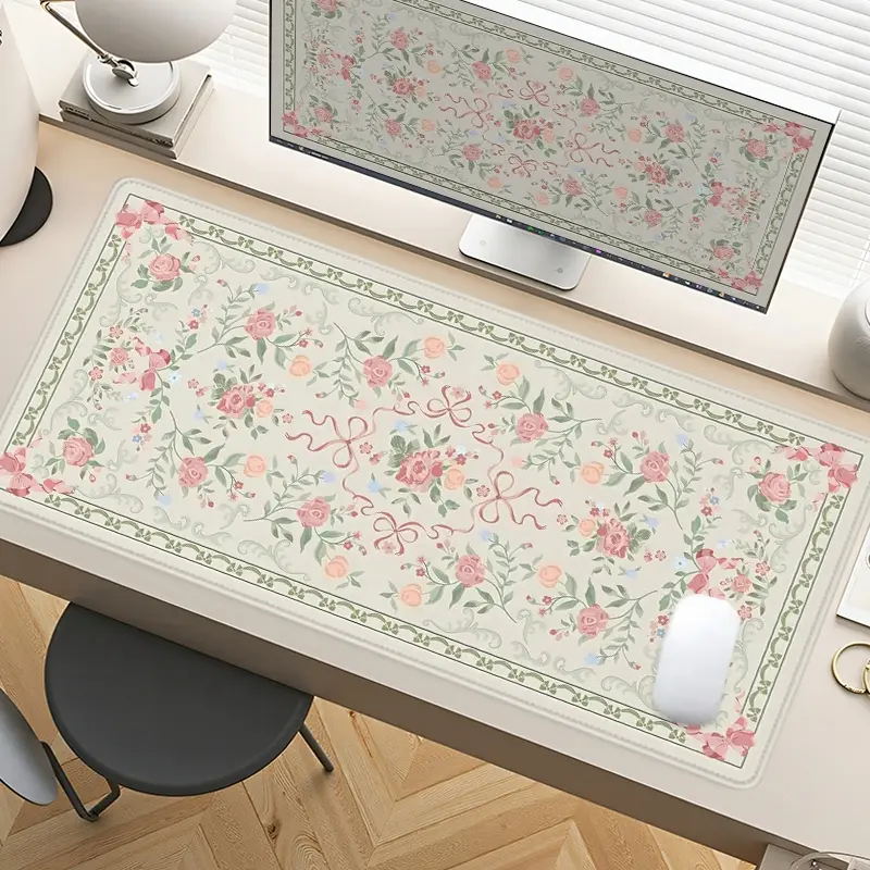Beige Floral with Green Border Desk Pad Gaming Mousepad XXL Mouse Pad for Laptop Desk with Non-Slip Rubber Base Stitched Edges Surface for PC Gamers, Office Workers, Home Use, Computer Desk Accessories, Office Accessories