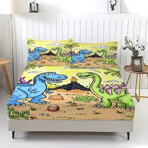 Cartoon cute dinosaur print pattern bed sheet, including 1 bed sheet and 2 pillowcases, anti slip dust cover suitable for bedrooms and guest rooms, suitable for personal use or gift giving