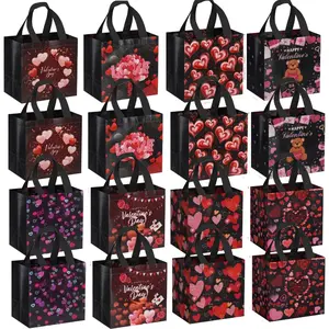 16 Pack Mix Bag Valentine's Day Gift Bags Reusable with Handles, Non-Woven Tote Bags for Party Wedding Gift Exchange, 7.9x7.9x5.9 Inches Gift Wrapping Bags