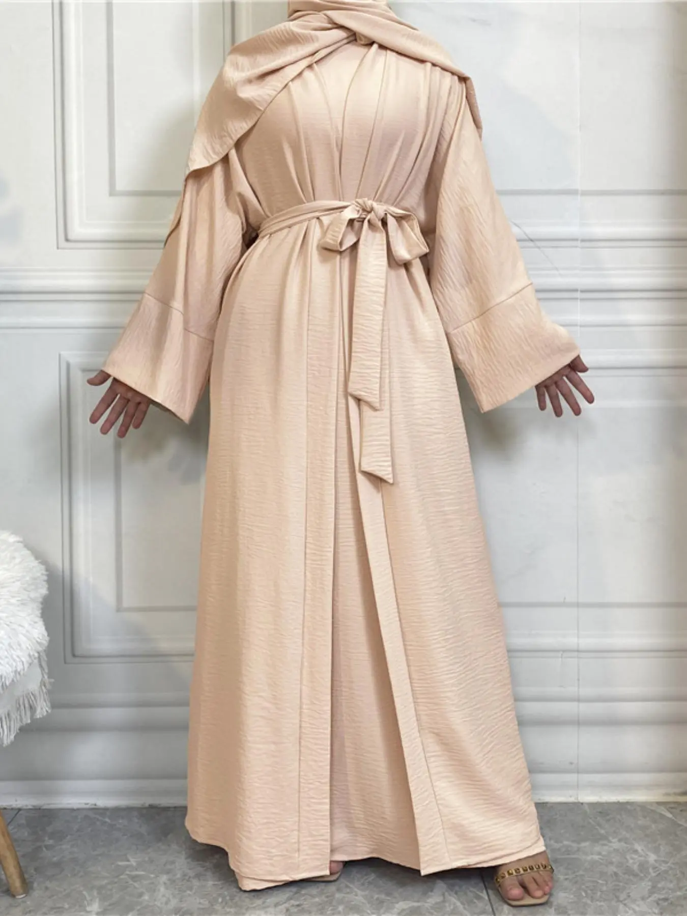 Fashion Muslim Set, Turkish Dubai Plain Women's Two-Piece Belt Tank Dress & Long Robe Set, Spring Modest Style, Classy Modest Dresses, Modest Muslim Outfits, Modest Muslim Clothing