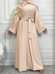 Fashion Muslim Outfits Set Turkish Dubai Pure Color Women's 2-Piece Dress with Belt Vest Cardigan Long Robe Set, Spring & Fall Modest Style Arabian Dress