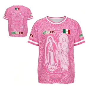 Mexican Aztec Calendar Graphic Jersey, Men's Casual Soccer Style Fan Shirt, Mexico Inspired Sports Tee for Daily Wear Light Pink Mexican Culture Graphic Tee, Aztec Calendar & Religious Print Casual Shirt