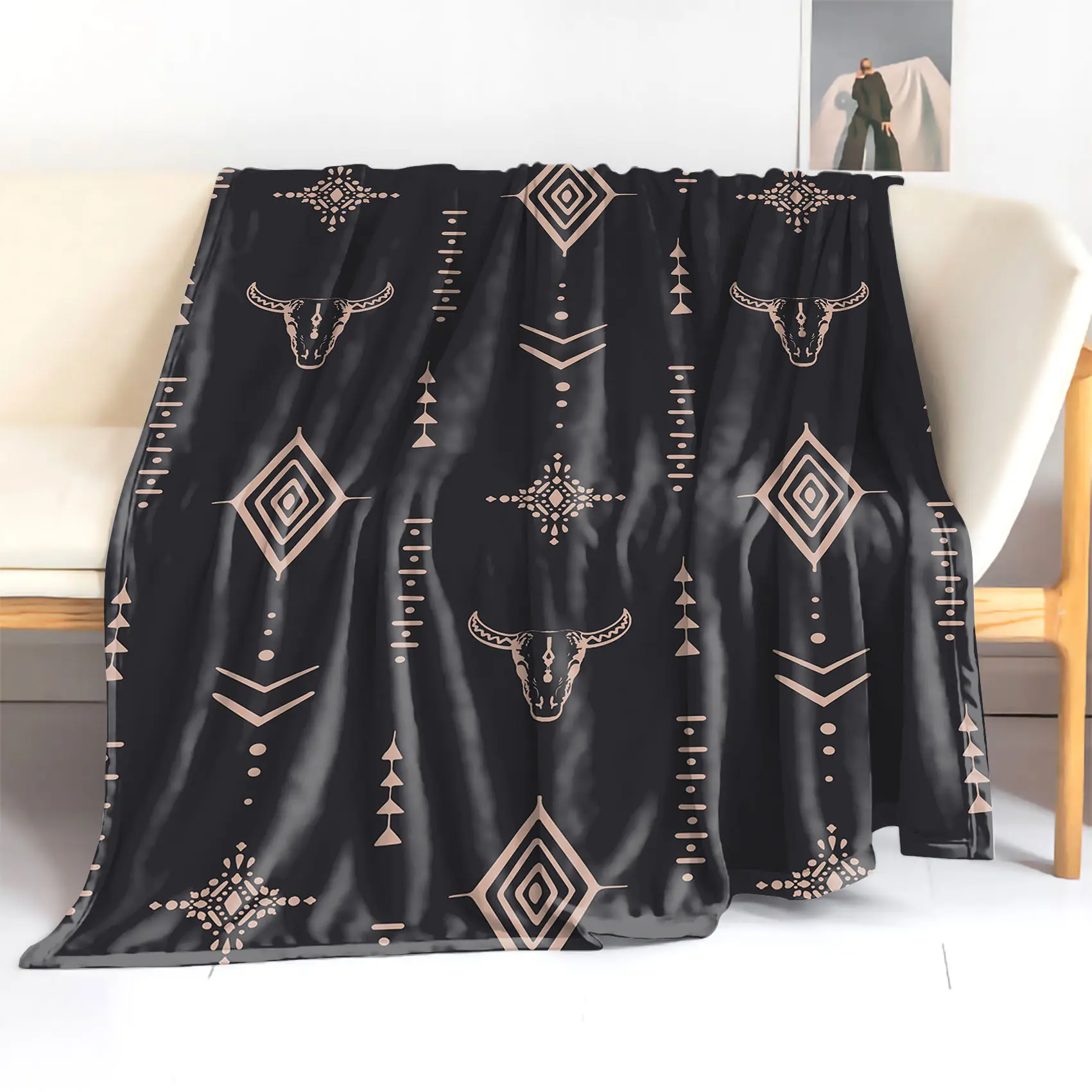 JOOCAR Soft Digital Print Polyester Knitted Retro Western Style Flannel Throw Blanket - Mid Century Design with Bull & Geometric Patterns for Bed, Sofa, Office, Camping - All Seasons