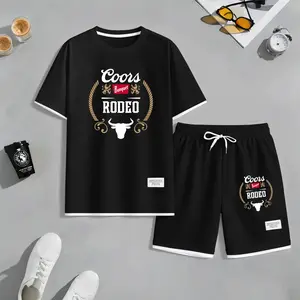 Men's American Lager Print Waffle Fabric Short-Sleeved Shirt And Shorts Set