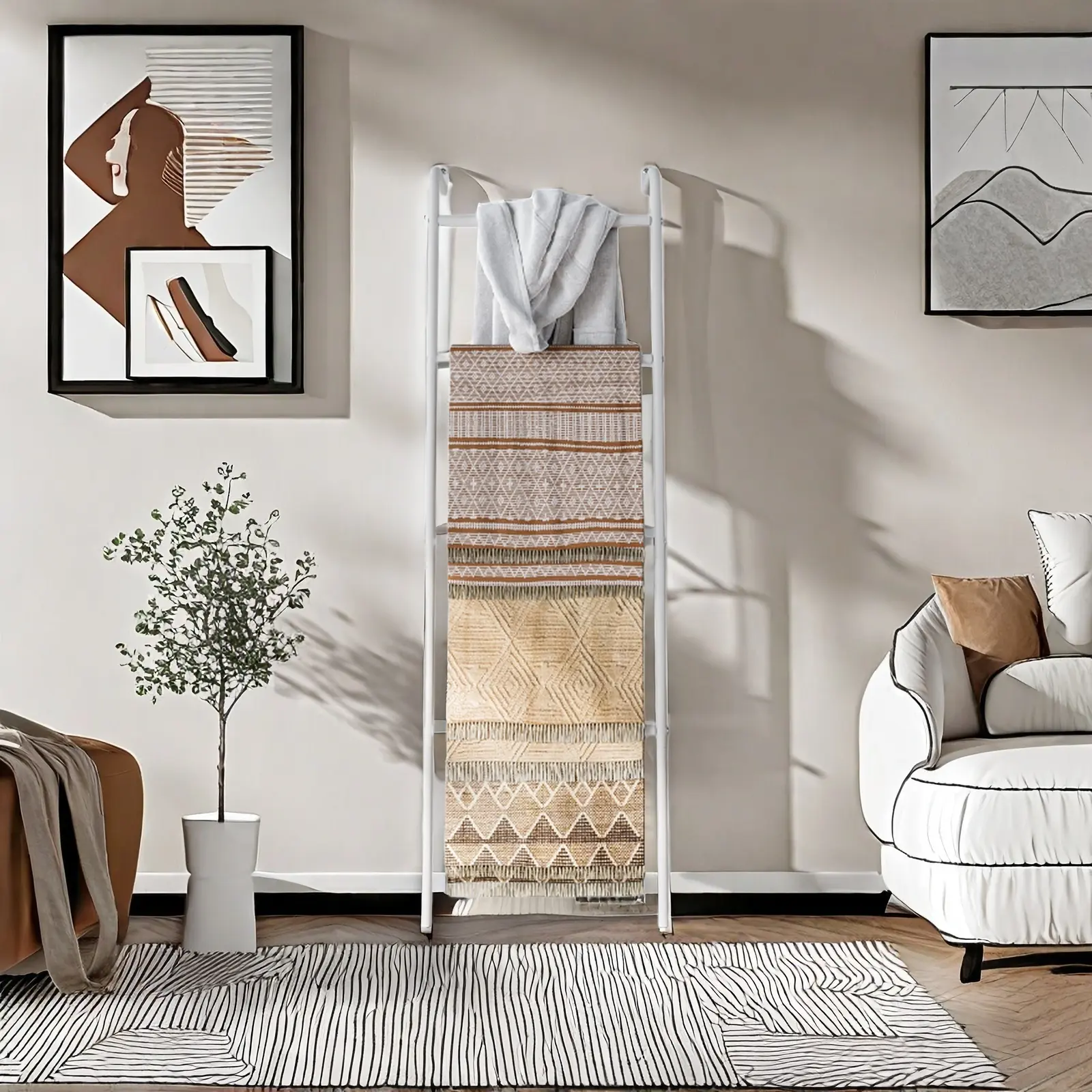 INGIORDAR 4-Tier Metal Blanket Ladder Rack - Freestanding Wall-Leaning Rectangle Organiser, Bathroom Accessories Quilt Holder with Closet Storage, Corner & Extendable Racks & Displays, 17.32in L x 16.34in W x 60.24in H