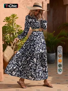 Women's Western Style Floral Print Ruffle Embroidered Trim Bishop Long Sleeve Notched Neck A-line Long Vintage Dress, Dresses for Women, Fall Dresses 2024, Boho Casual Maxi Milkmaid Dress for Vacation