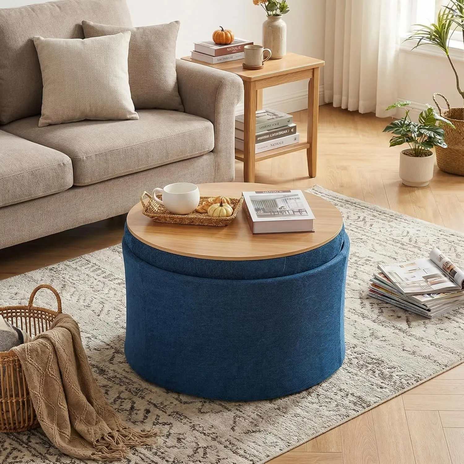 ONBRILL 25" Diameter Round Storage Ottoman Coffee Table with Storage Lift-Off Lid, Clean Lines, Fold-Flat Setup, Multifunctional Footrest, Sturdy Steel Frame for Living Room, Bedroom, Round Shape