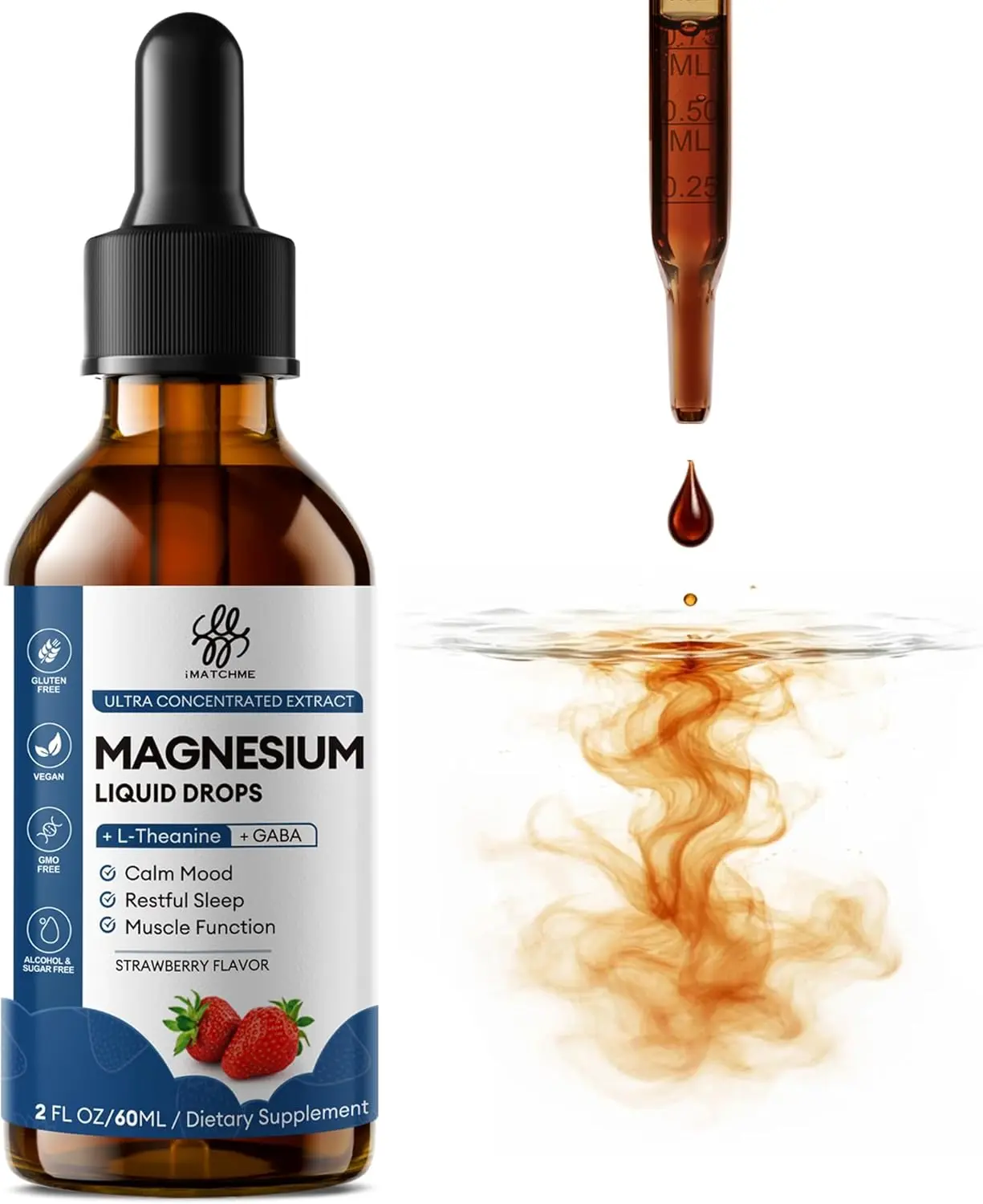 iMATCHME Gentle Absorption Liquid Magnesium Glycinate Drops, Multi-Botanical Mineral Blend with Chamomile, Ashwagandha, L-Theanine & GABA, Strawberry Flavor Daily Nutritional Supplement, 2 Fl Oz
