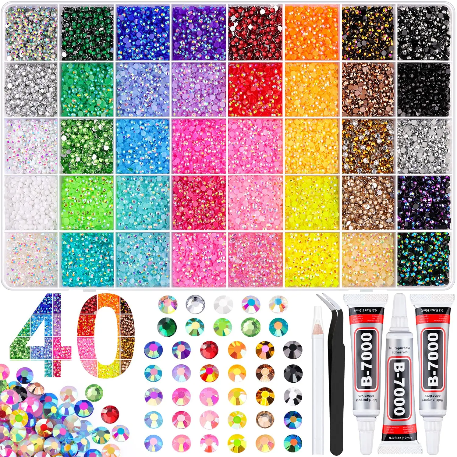 Jelly Rhinestone Bedazzling Kit, 40000-Piece 3mm Multicolor Flatback Gems in 40 Colors, Nail Art Set with Glue for Diamond Art & Crafts, Nail Art Kits