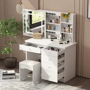 FUFU&GAGA  Large Vanity Table Set Makeupdesk Vanity Dressing Table with Mirror, 5 Drawers & Shelves, Dresser Desk and Cushioned Stool Set Furniture Storage