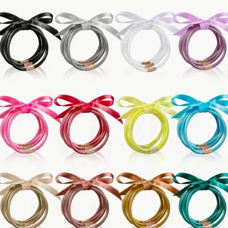 Bowknot Jelly Bangle Bracelets Set Lightweight Cute Glitter Filled Stack Party Bracelets for Women Modern Design