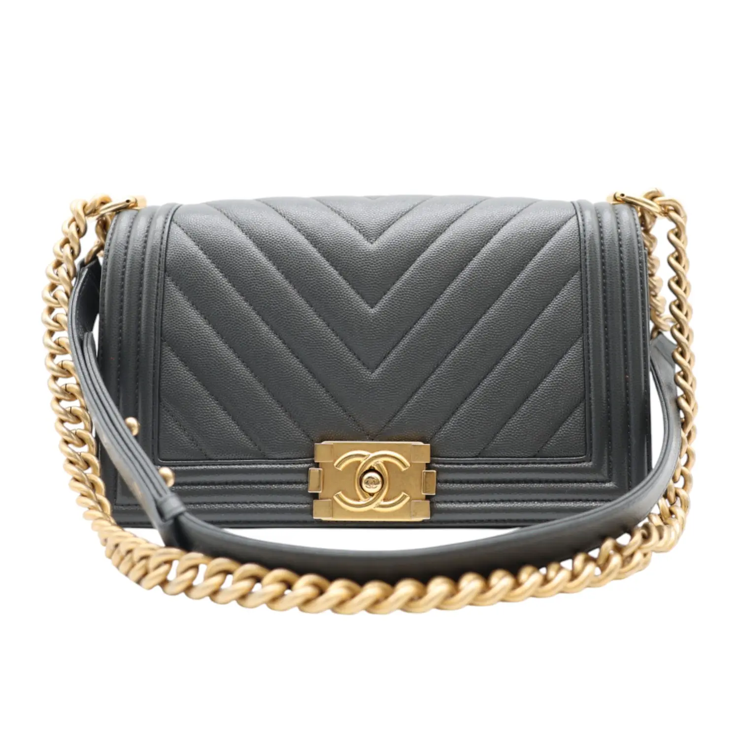 Pre-owned CHANEL Leather Shoulder Bags Boy Medium Chevron Quilted Caviar Bag In Dark Grey