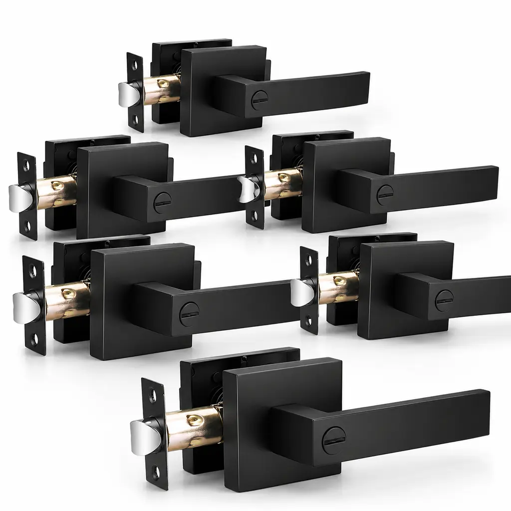 6 Pack Matte Black Door Handles Heavy Duty Flat Square Privacy Interior Door Levers for Bedroom & Bathroom, Keyless Interior Handles for Left &Right Handled Doors