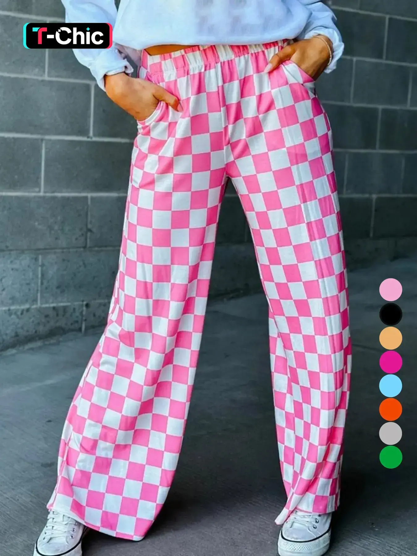 Women's Plaid Print Pocket Elastic Waist Straight Leg Pants, Casual Streetwear Pants, Casual Fashion Trousers, Casual Comfy Trousers for Daily Wear, Ladies Bottoms for All Seasons